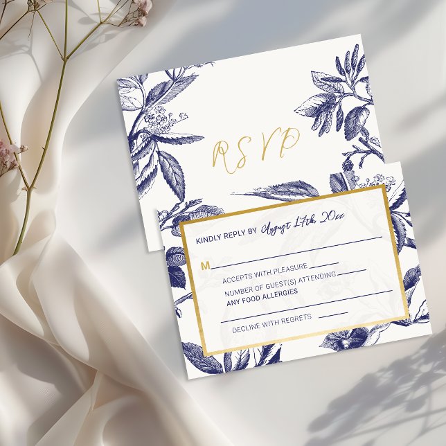 Cartons Réponse Élégant floral bleu et or (Créateur téléchargé)