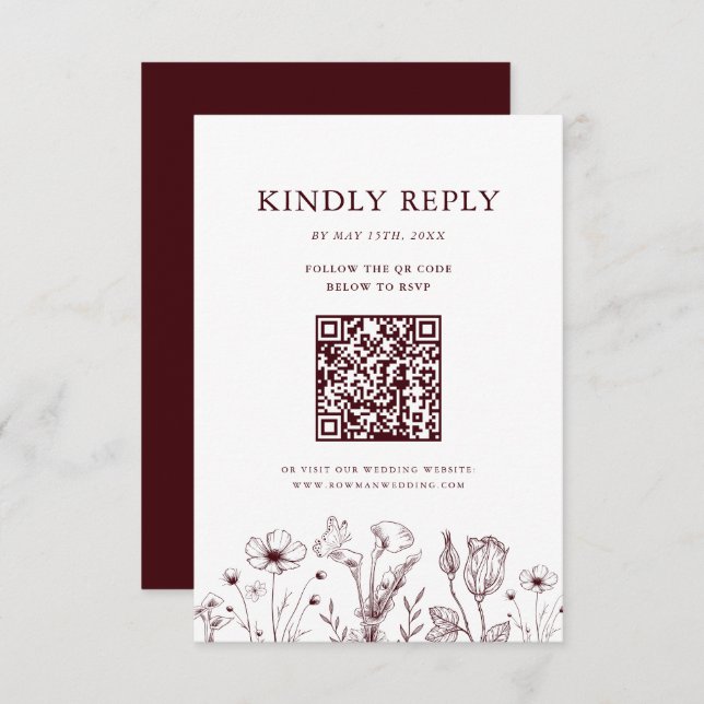 Cartons Réponse Elegant Floral Burgundy Wedding QR Code (Devant / Derrière)