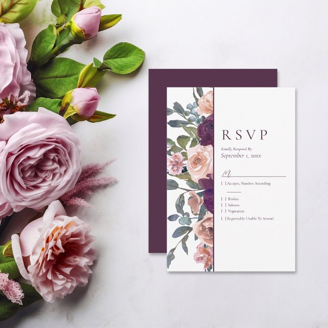 Cartons Réponse Élégant floral | Mariage rose violet (Créateur téléchargé)