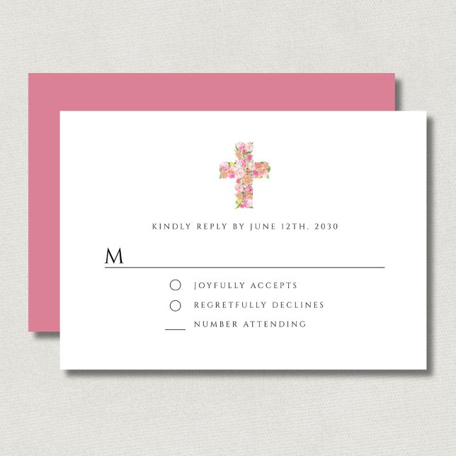 Cartons Réponse Élégant Floral rose Religieux Croix Fille Baptême (Elegant Floral Pink Religious Cross Girl Baptism RSVP Card)