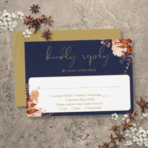 Cartons Réponse Élégant Floral Rustique Mariage Bleu Nuit Et Or