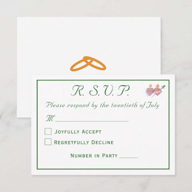Cartons Réponse Elegant Forest Green Two Hearts Catholic Wedding  (Devant / Derrière)