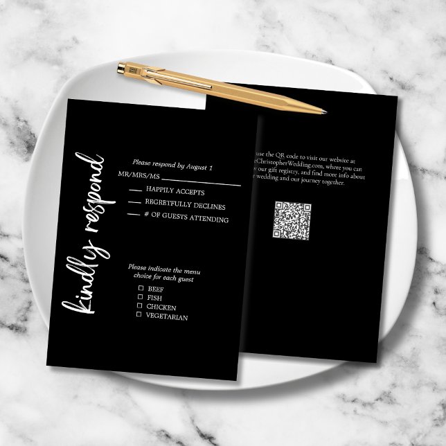 Cartons Réponse Élégant Formal Gras Script Noir Blanc Mariage (Elegant Bold Script Black White Formal Wedding RSVP Response Card, menu choices, QR code for website)