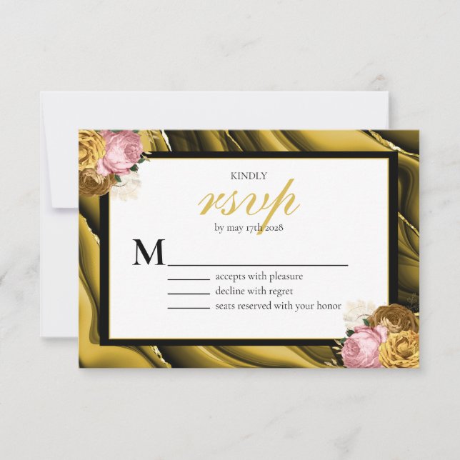 Cartons Réponse Elégant Gold Black Bordure Mariage floral (Devant)