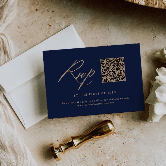 Cartons Réponse Elegant Gold et Marine Calligraphy Mariage QR code (Créateur téléchargé)