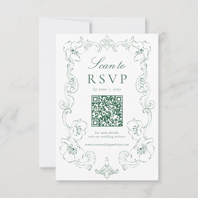 Cartons Réponse Elegant Green Ornate Floral QR Code Wedding (Devant)