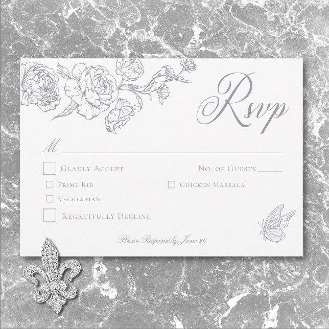 Cartons Réponse Elegant Grey Chinoiserie Bird & Crest Mariage (Elegant Gray Chinoiserie Bird & Crest Wedding RSVP Card)