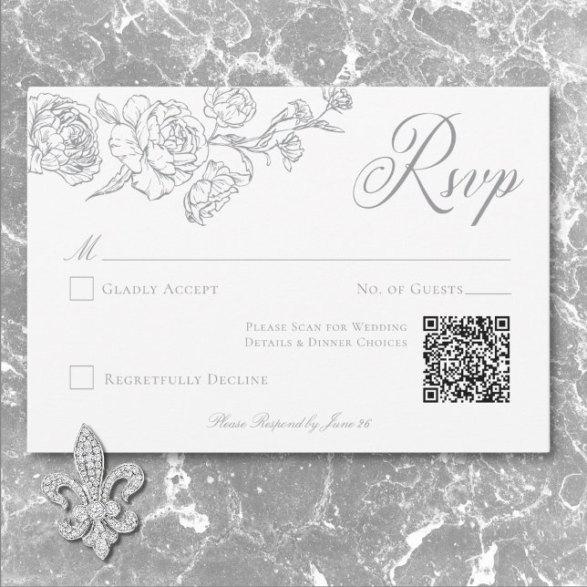 Cartons Réponse Elegant Grey Chinoiserie Bird & Crest Mariage QR (Elegant Gray Chinoiserie Bird & Crest Wedding QR RSVP Card)