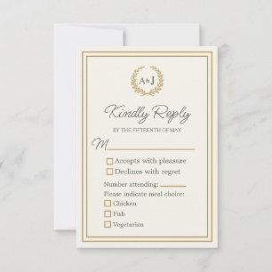Cartons Réponse Élégant ivoire Faux Or 3 choix de repas Mariage