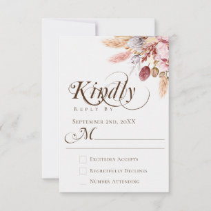 Cartons Réponse Elegant Kindly Répondre Boho Pampas Grass Mariage