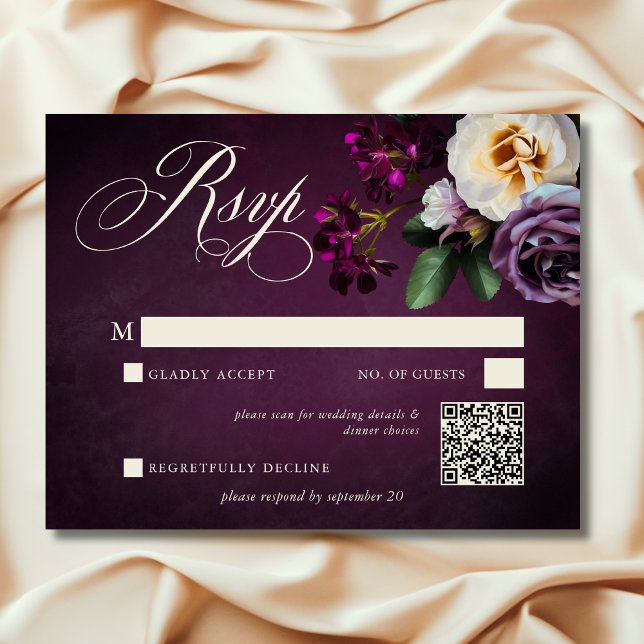 Cartons Réponse Élégant Lavande et Mariage de script floral bordea (Elegant Lavender & Burgundy Floral Script Wedding QR Code RSVP)