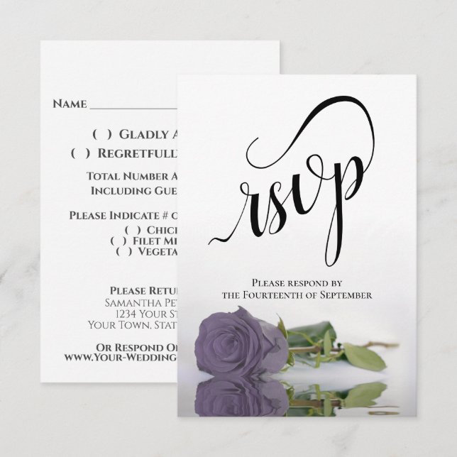 Cartons Réponse Elegant Long-Stemmed Dusty Purple Rose Wedding (Devant / Derrière)