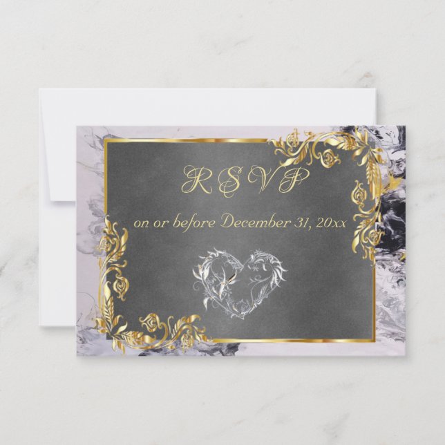 Cartons Réponse Elegant Marble, Grey, Gold Frame, Silver Heart (Devant)