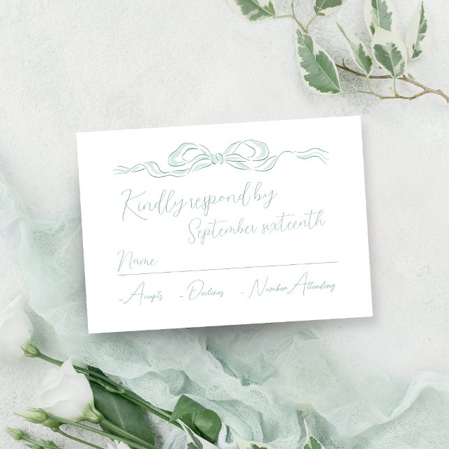 Cartons Réponse Élégant Mariage à mâchoire vert clair (Elegant Light Green Hand Drawn Bow Wedding RSVP Card)