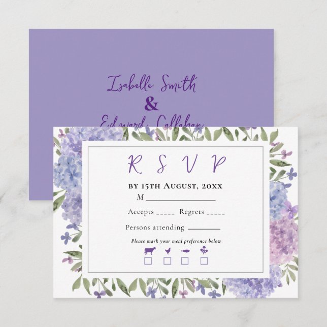 Cartons Réponse Élégant mariage aquarelle hydrangeas bleu lilas (Devant / Derrière)
