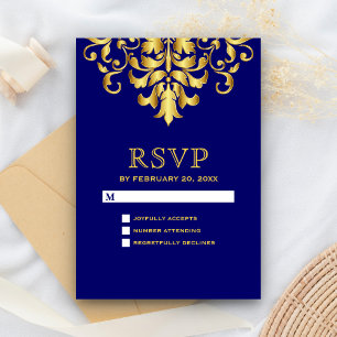 Cartons Réponse Élégant Mariage Bleu Royal Or Damassé