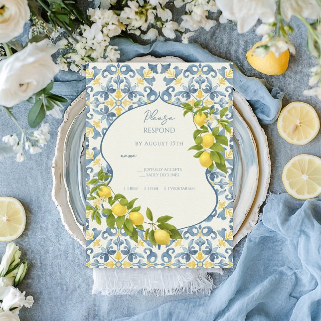 Cartons Réponse Élégant Mariage citron en carrelage bleu italien (Créateur téléchargé)