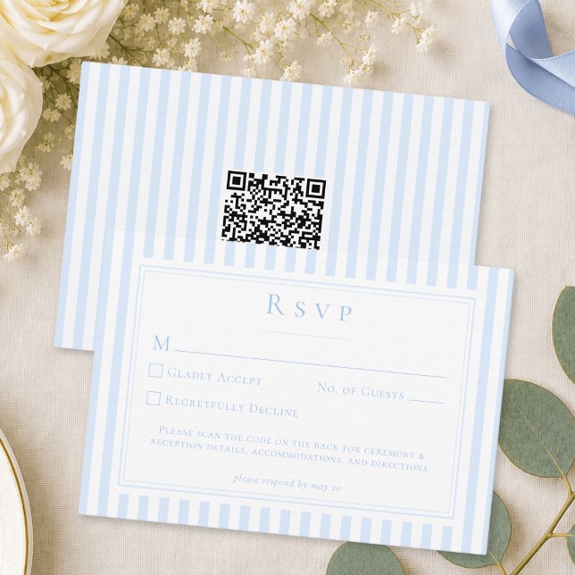 Cartons Réponse Élégant Mariage Code QR Rayure Bleue Classique (Elegant Classic Blue Stripe Wedding QR RSVP Card)