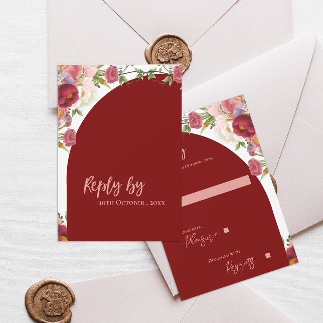 Cartons Réponse Élégant Mariage de broyage de fleurs d'arc rouge (Elegant Red Arch Blush Peach Florals Wedding RSVP Card)