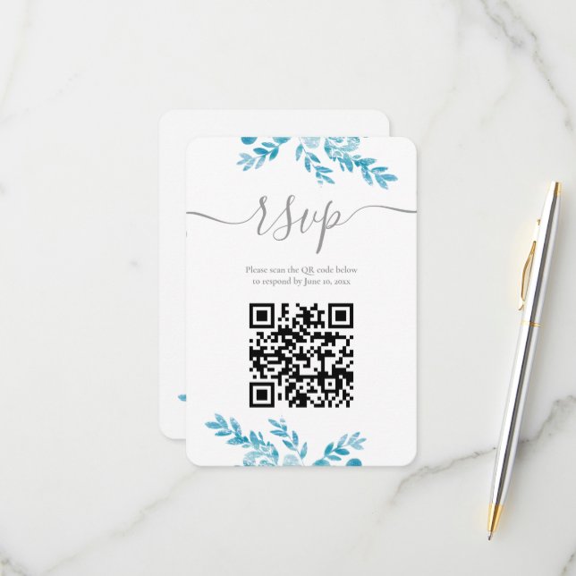 Cartons Réponse Élégant Mariage de code QR bleu gris floral (Devant/Arrière en situation)