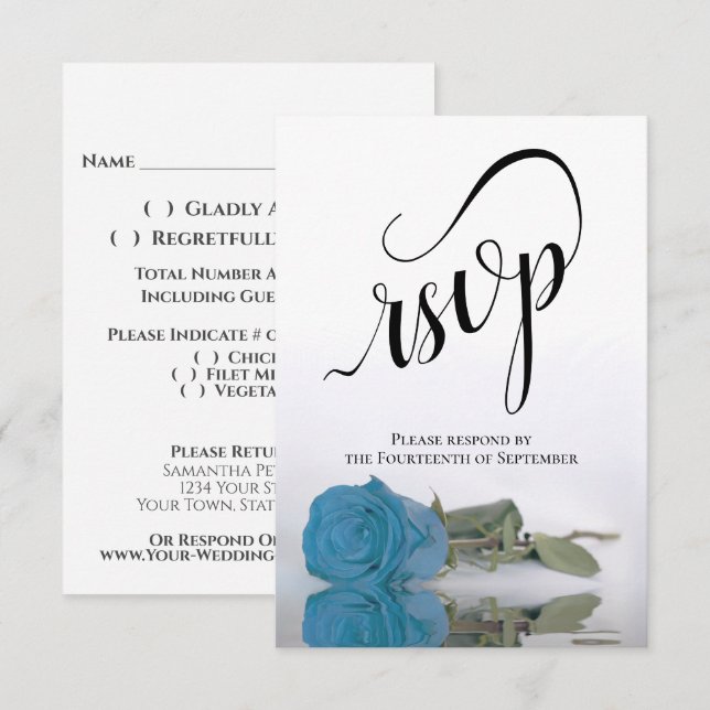 Cartons Réponse Élégant Mariage de Rose bleu turquoise à longue ti (Devant / Derrière)