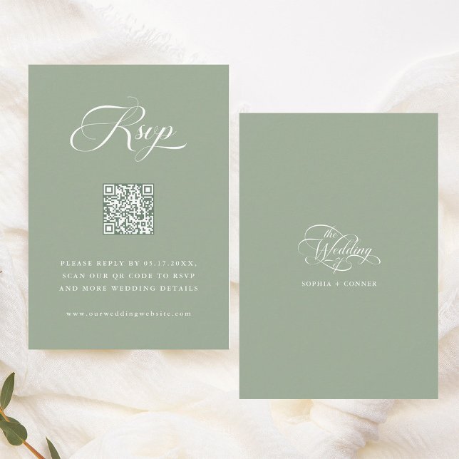 Cartons Réponse Élégant Mariage de script élégant Sage Vert (Front & Back)