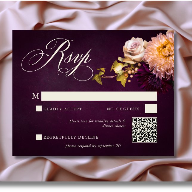 Cartons Réponse Élégant Mariage de script floral Moody Bourgogne (Elegant Burgundy Moody Floral Script Wedding Response Card with QR Code)