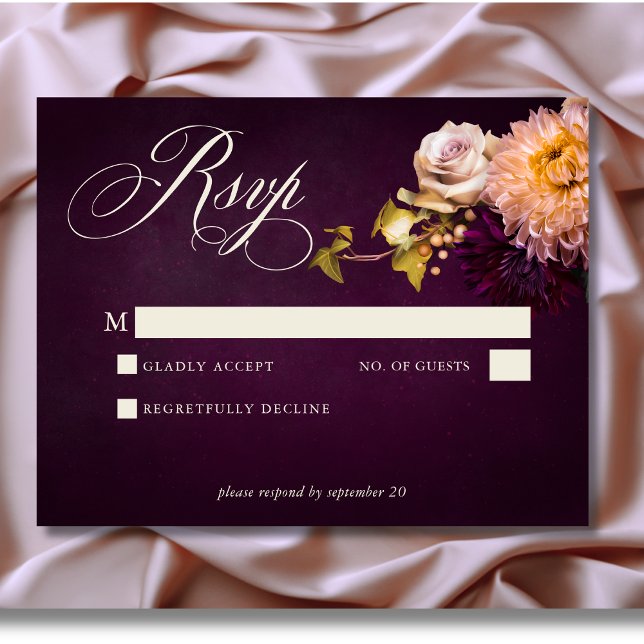 Cartons Réponse Élégant Mariage de script floral Moody Bourgogne (Elegant Burgundy Moody Floral Script Wedding Response Card)