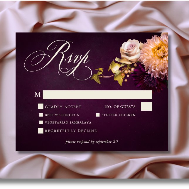 Cartons Réponse Élégant Mariage de script floral Moody Bourgogne (Elegant Burgundy Moody Floral Script Wedding Response Card with Dinner Choices)