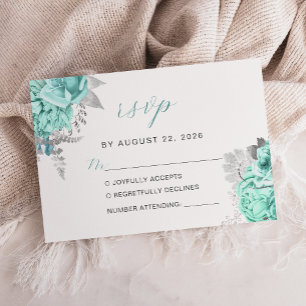 Cartons Réponse Élégant Mariage de script Silver Aqua Floral