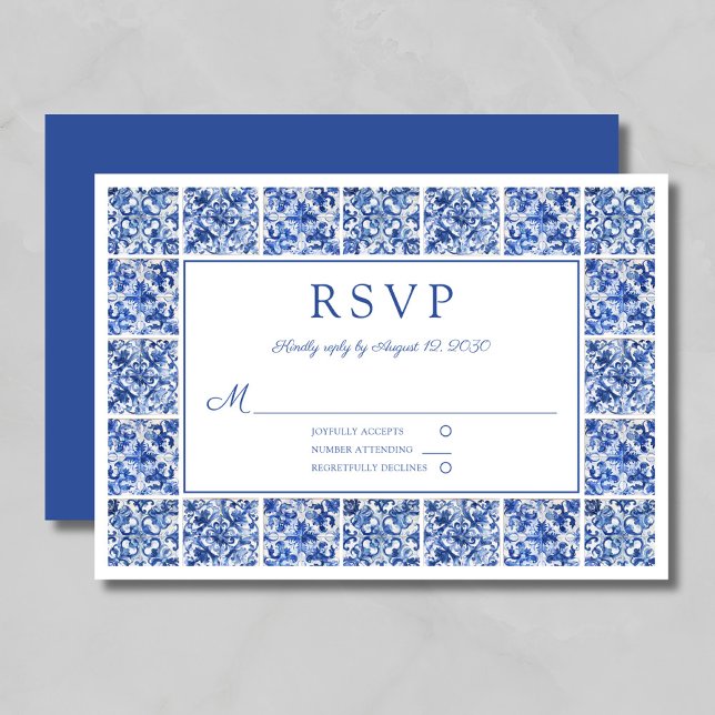 Cartons Réponse Elégant Mariage de tuiles Bleues Méditerranéennes (Elegant Mediterranean Blue Tiles Wedding RSVP Card)