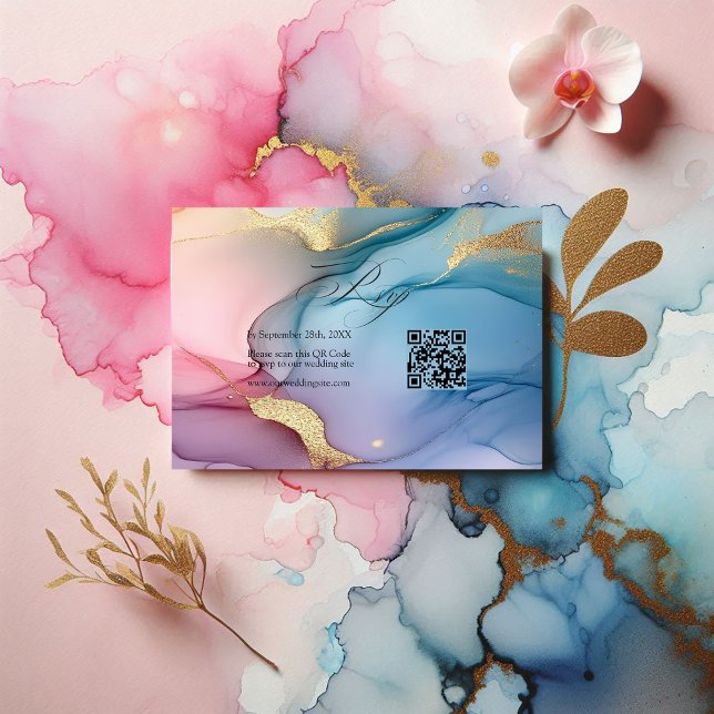 Cartons Réponse Élégant Mariage d'encre rose, bleu et or (Elegant Pink, Blue and Gold Flowing Ink Wedding RSVP Card)