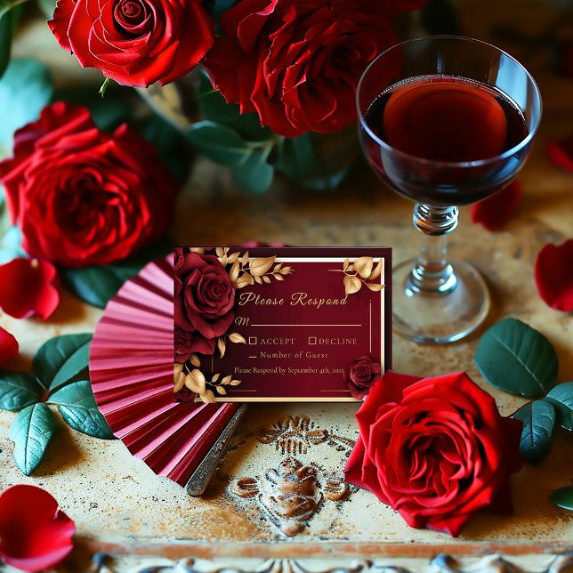 Cartons Réponse Élégant Mariage flamenco rouge de Bourgogne (Elegant Dark Burgundy and Gold Rose Flamengo Collection RSVP Enclosure Card)