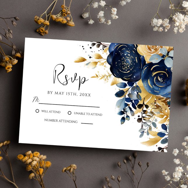 Cartons Réponse Elégant Mariage floral bleu marine (Elegant Navy Blue Gold Floral Wedding RSVP Card)