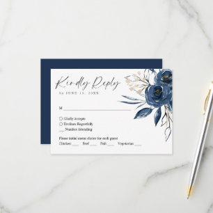 Cartons Réponse Élégant mariage floral bleu marine en écriture cur