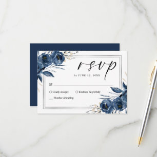 Cartons Réponse Élégant mariage floral bleu marine en écriture cur