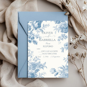 Cartons Réponse Élégant Mariage Floral bleu toile française