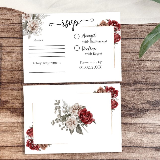 Cartons Réponse Élégant Mariage floral bordeaux et argenté (Elegant Burgundy & Silver Floral Wedding RSVP Card)