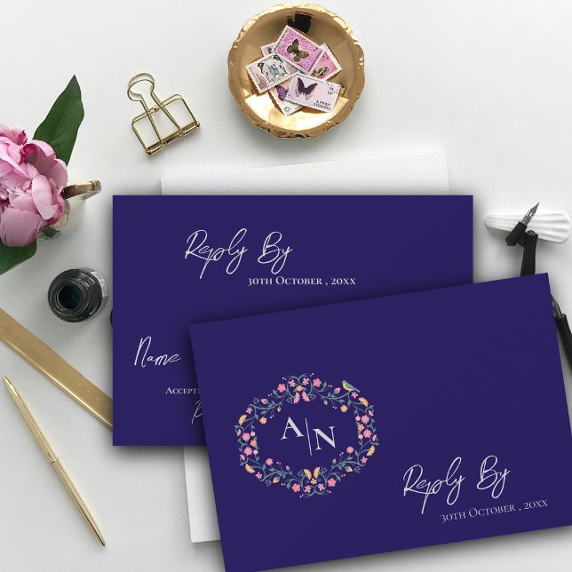 Cartons Réponse Élégant Mariage floral complexe de Monogramme bleu (Elegant Monogram Blue Intricate Floral Wedding RSVP Card)