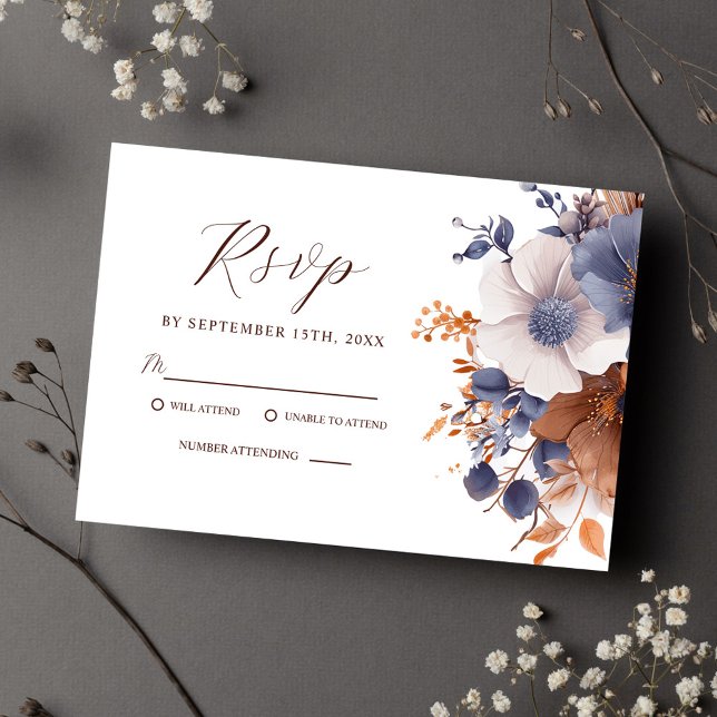 Cartons Réponse Élégant Mariage Floral Dusty Blue Rust (Elegant Floral Dusty Blue Rust Wedding RSVP Card)