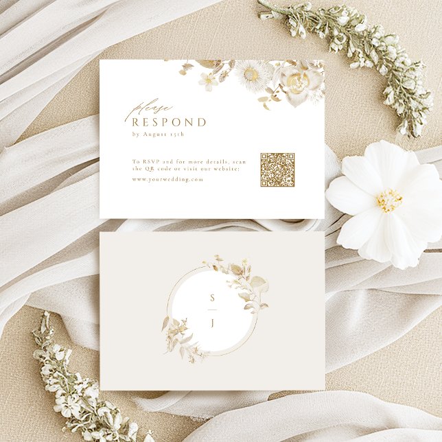 Cartons Réponse Elégant Mariage Floral or moderne code QR (Elegant Modern Gold Floral Wedding QR code RSVP Card)