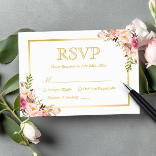 Cartons Réponse Élégant Mariage floral rose rose chic cadre or