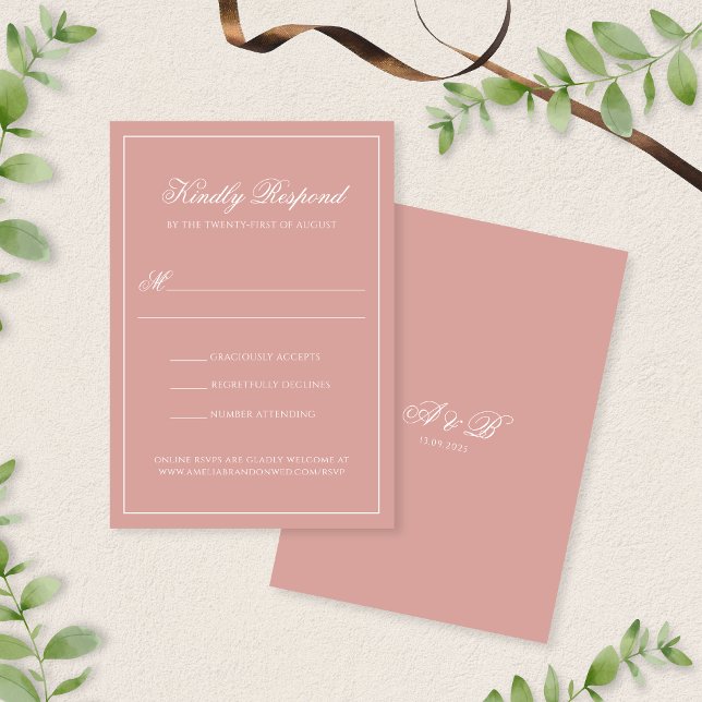Cartons Réponse Élégant Mariage Monogramme Script Bordure Rose Pou (Créateur téléchargé)