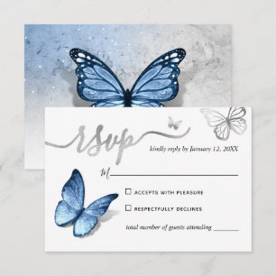 Cartons Réponse Élégant Mariage Papillon Bleu Clair Lumière Argent