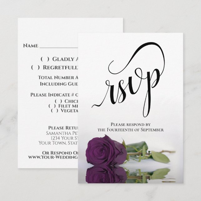 Cartons Réponse Élégant Mariage Rose violet à prune longue tige (Devant / Derrière)