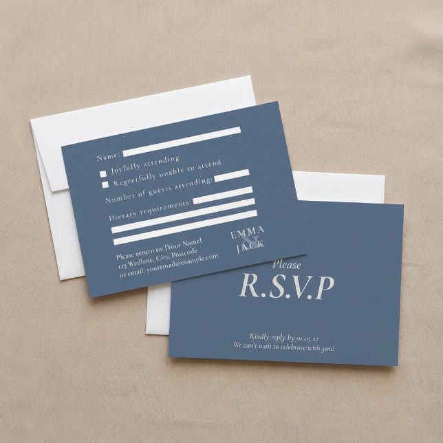 Cartons Réponse Elégant mariage serif bleu (Elegant Blue serif ampersand wedding RSVP Card.)