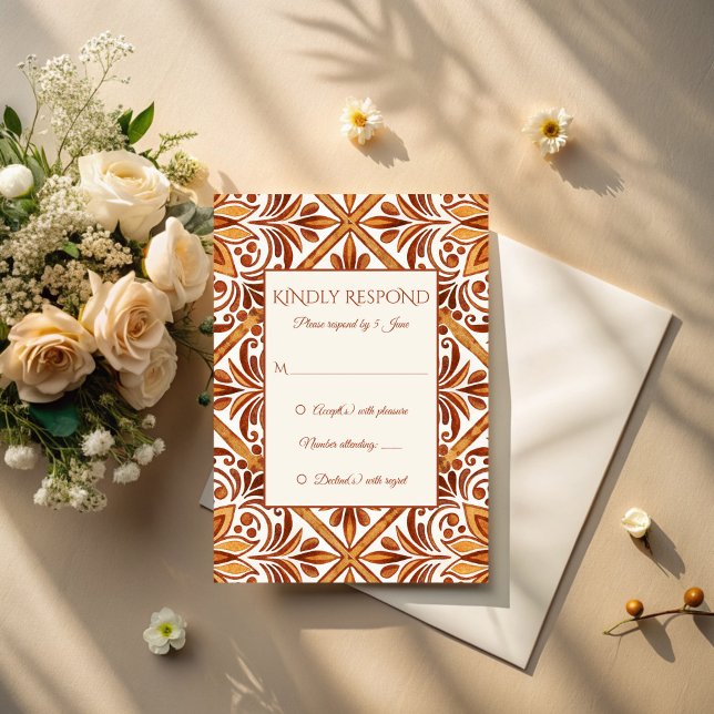 Cartons Réponse Élégant mariage Talavera mexicain en terre cuite (Elegant Terracotta Talavera vintage Mexican wedding RSVP Card Talavera wedding invitation suite)