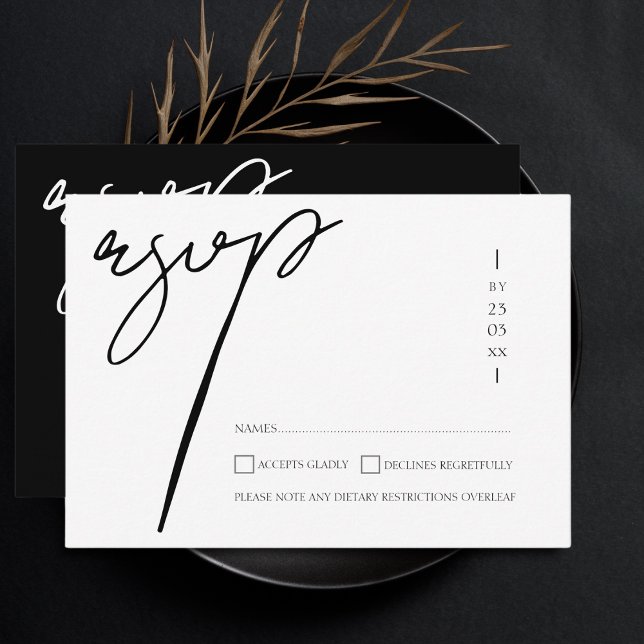 Cartons Réponse Élégant Mariage Typographie Script Noir Blanc (Créateur téléchargé)