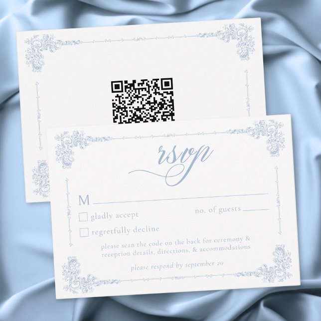 Cartons Réponse Élégant Mariage Vintage Baroque Bleu Poussiéreux Q (Elegant Vintage Baroque Dusty Blue Wedding QR Code RSVP Card)