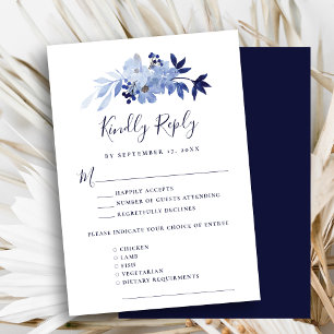 Cartons Réponse Elégant Marine Blue Floral Foliage Moderne Mariage